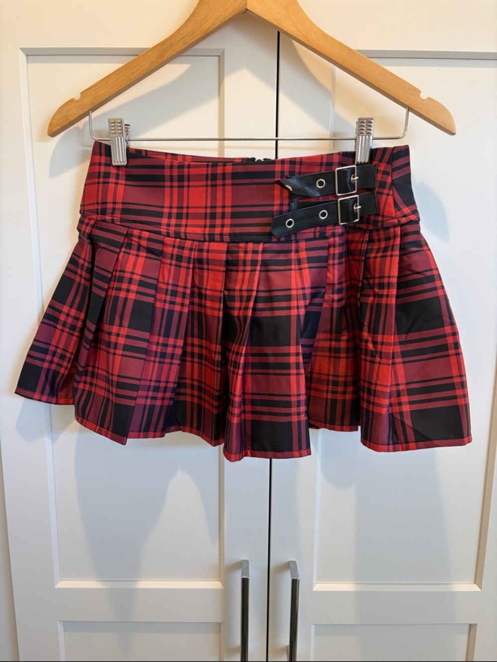 Red Plaid Pleated Mini Skirt with Buckle Detail by